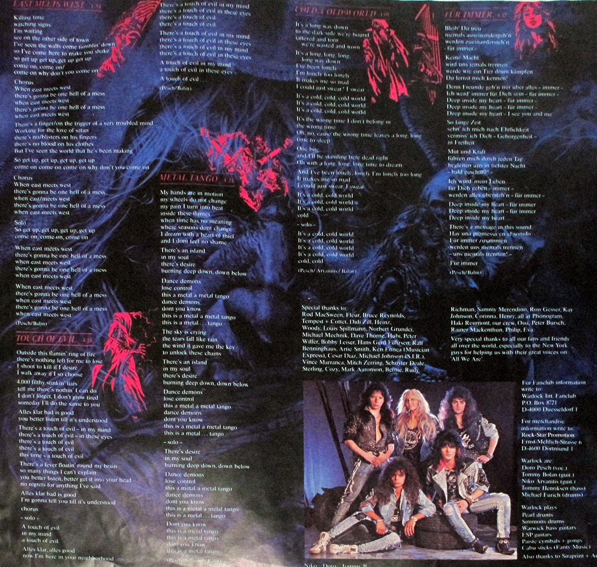 Custom inner sleeve of Warlock’s 1987 album Triumph and Agony, West German Vertigo pressing. The second side displays lyrics for Side Two tracks East Meets West, Touch of Evil, Metal Tango, Cold, Cold World, and Für Immer. The background is black with ghostly blue textures and vivid red demonic sketches. At the lower right, a full band portrait shows Doro Pesch with her Warlock bandmates, dressed in flamboyant silver and black stage outfits that embody the heavy metal style of the late 1980s.